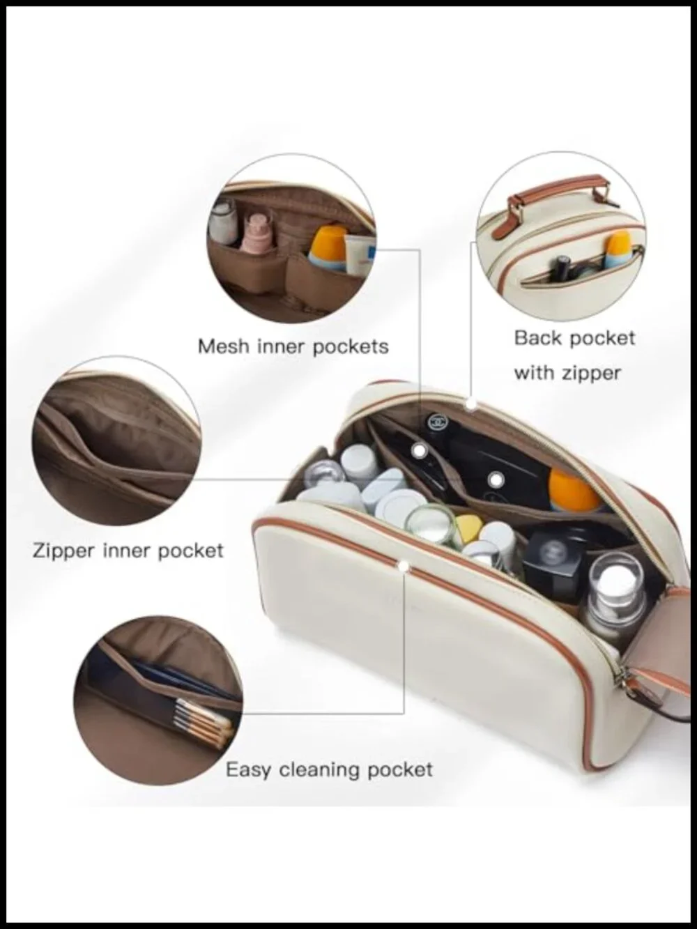 Waterproof PU Leather Travel Toiletry Bag with Double Zipper Large Capacity
